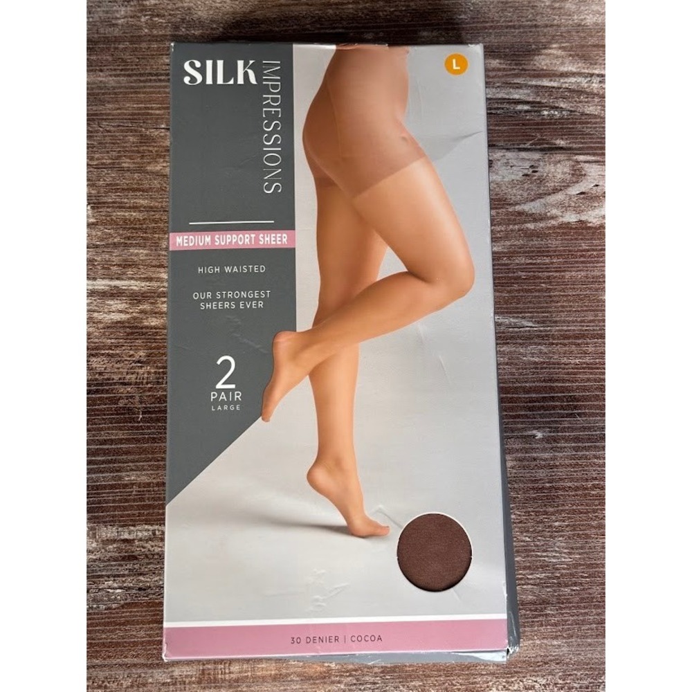 SILK IMPRESSIONS Medium Support Sheer High Waisted Tights Cocoa Size Large 2 Pr - Picture 2 of 5